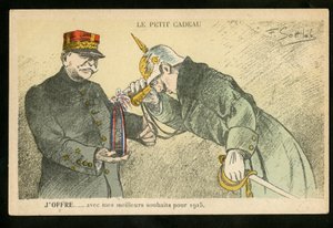 Cartolina, Satirique en Couleurs, ca. 1914_12: Un piccolo dono che offro con i miei migliori auguri per il 1915 - Guerra del 14-18, Cannoni, proiettili - Guglielmo II, Joffre Illustrazione di Gottlob (1873-1935)
