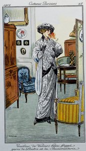 Costumi parigini: velluto bianco a righe con pelliccia di lontra e guarnizioni (disegnato da Fernand Simeon)