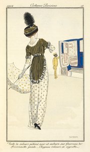 Veste di velluto pekiné nero e auburn su fodero di frissonnette dipinta. Cappello di velluto e aigrette da Fernand Siméon