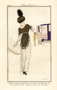 Donna con gilet di velluto pekine sopra un vestito stampato da Fernand Siméon