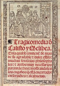 Miniatura su pergamena sulla copertina della Celestina o Tragicomedia de Calisto y Melibea, manoscritto spagnolo di Fernando de Rojas, pubblicato nel 1531 da Fernando de Rojas