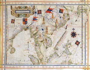 Carta piana, mappa pre-Mercatore del 1571 del cartografo portoghese Fernao Vaz Dourado. Mappa dell