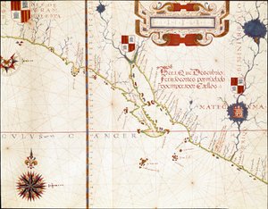 Vista della costa occidentale del Messico e della California meridionale - Mappa da Fernao Vaz Dourado