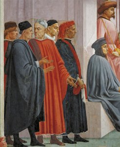 Uomini in abiti medievali, dettaglio da La Resurrezione del Figlio di Teofilo, di Tommaso Masaccio, affresco da Filippino Lippi