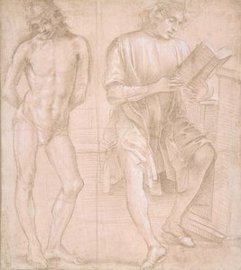 Giovane in piedi con le mani dietro la schiena e un giovane seduto che legge recto... da Filippino Lippi