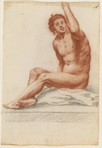 Figura maschile con il corpo girato a sinistra, il braccio sinistro alzato, seduto su un panno da Filippo Esegrenio