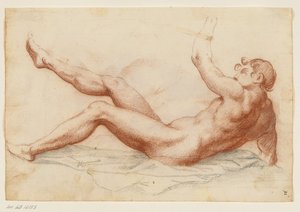 Nudo maschile prostrato girato a sinistra appoggiato sul braccio destro e sollevando il braccio sinistro e la gamba destra da Filippo Esegrenio