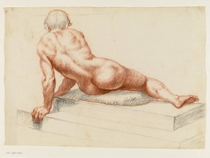 Nudo maschile prostrato girato a sinistra e visto da dietro