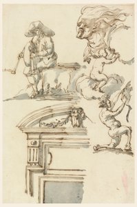 Studi di cornici di porte e figure