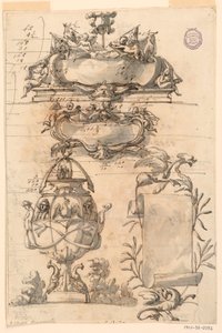 Disegno, Due scudi, un vaso decorativo e un cartiglio, 1750-75