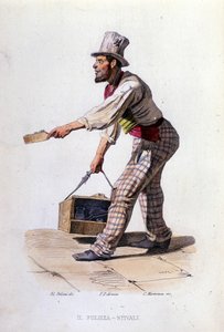 Piccolo commercio della città di Napoli: il lustrascarpe. Incisione da un dipinto di F. Palizza. Da un