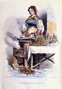 Piccolo commercio della città di Napoli: venditrice ambulante di zeppolle, specialità pasticcera di Napoli. Incisione da un dipinto di F. Palizza. Da un