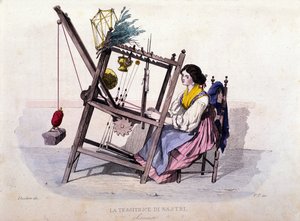 Piccolo commercio del regno di Napoli: giovane donna di Sorrento che tesse nastri. Incisione da un dipinto di F. Palizza. Da un