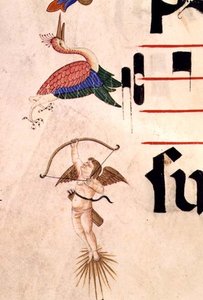 Un cherubino che scocca una freccia invisibile a una cicogna (dettaglio)