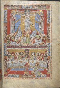 Miniatura a tutta pagina in due registri, della Trasfigurazione di Cristo e dell