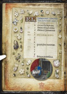 Pagina del calendario per gennaio, con una miniatura di due uomini che si scaldano davanti a un fuoco, da un 