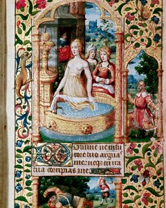 Betsabea nel bagno è spiata dal Re Davide. Pagina della scuola fiamminga dell