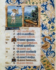 Calendario, giugno, un contadino che falcia e il segno del cancro. Pagina tratta da un libro d