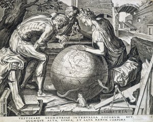 Personaggi che si chinano sopra il globo con compasso (allegoria della geometria) - incisione, Fiandre da Flemish School