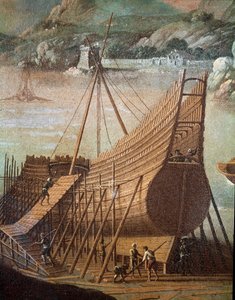 Costruzione di un galeone in un cantiere navale a Genova (dettaglio) da Flemish School