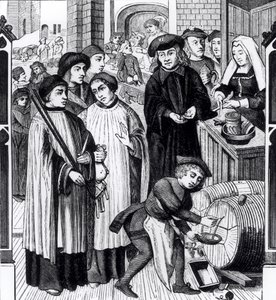 Dazi sui vini, concessi al Capitolo di Tournai dal re Chilperico, da una vetrata della Cattedrale di Tournai da Flemish School