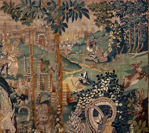 Arazzo fiammingo. Paesaggio con pergola e grandi bestie, con 2 colonne. Atelier di Oudenaarde. 319x508cm. Inv 0023. XVII secolo.