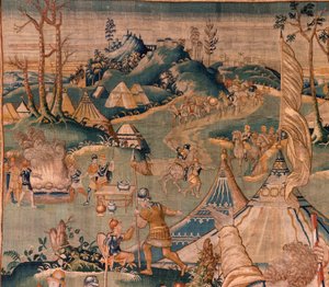Arazzo fiammingo. Campo militare vicino al fiume Granikos. Atelier di Oudenaarde. 377x393cm. Inv 83104-9 /00011. XVII secolo.