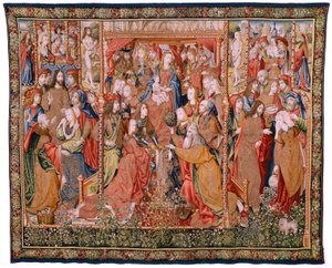 Arazzo fiammingo. Serie Episodi della vita della Vergine. Le profezie si compiono alla nascita di Cristo (Cumplimiento de las profecías en el nacimiento del Hijo de Dios). Primo arazzo della serie. Modelli Attribuiti a Jan von Roome (o van B