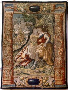 Arazzo fiammingo. Serie Galanteria. Coppia con musicista. Manifattura Bruxelles, inizio XVII secolo. Tessuto Seta e lana, 5/6 orditi per cm. Dimensioni 348 x 263 cm. Chiesa di San Millán de la Cogolla, Oncala (Soria). da Flemish School