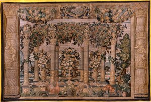 Arazzo fiammingo. Serie Gallerie con animali o Gallerie di pergolati. Secondo della serie. Seta e lana. XVII secolo. da Flemish School