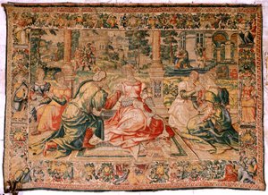 Arazzo fiammingo. Serie Marco Antonio e Cleopatra. Cleopatra e la sua corte. Modello Cartone attribuito a Pieter Coecke van Aelst. Manifattura Bruxelles(?). Seconda metà del XVI secolo. Seta e lana. 310 x 435 cm.