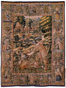 Arazzo fiammingo. Serie Storia di Ciro. N. V Combattimento tra due guerrieri e la morte di Ciro. Anonimo, basato su Michiel Coxcie. Atelier Anversa. Seta e lana. Ca 1590.
