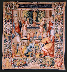 Arazzo fiammingo. Serie La Storia di Annibale. Il giuramento di Annibale. Primo arazzo della serie. Cartoni maestro anonimo dei Paesi Bassi. Manifattura di Bruxelles, officina. Ca 1570.