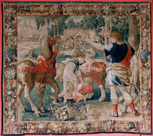 Arazzo fiammingo. Serie Le fatiche di Ercole. I cavalli di Diomede. Terzo arazzo della serie esistente. Modello Sconosciuto. Manifattura Willem Dermoyen, Bruxelles. Ca 1528.