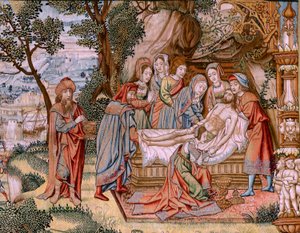 Arazzo fiammingo. Serie La Passione di Cristo. La discesa dalla croce. Seconda serie di arazzi della Passione di Cristo appartenente al Patrimonio Nacional. Modello Cartonisti della cerchia di Jan van Roome. Manifattura Pieter van