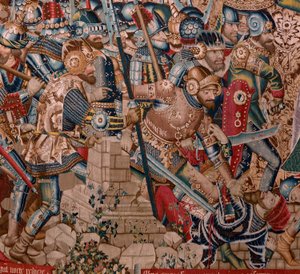 Arazzo fiammingo. Serie La Guerra di Troia. La Distruzione di Troia. Undicesimo arazzo della serie. Modello Maestro di Coëtivy (Henry o Conrard de Vulcop). Manifattura laboratori di Tournai. Ca 1470.