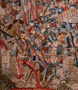 Arazzo fiammingo. Serie La Guerra di Troia. La Distruzione di Troia. Undicesimo arazzo della serie. Modello Maestro di Coëtivy (Henry o Conrard de Vulcop). Manifattura laboratori di Tournai. Ca 1470. Tessuto lana e seta, 6/7 trame per cm