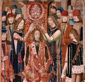 Arazzo fiammingo. Serie Sconosciuta. Storia romana? Tarquinio Prisco. Manifattura Laboratori di Bruxelles?. Ca 1475. Tessuto Lana e seta, 6 orditi per cm. Origine Donazione del Conte Alba de Aliste, arrivato alla cattedrale nel 1608. da Flemish School