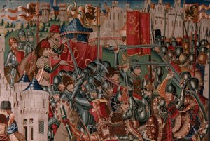 Arazzo fiammingo. Serie Sconosciuta. Storia romana? Tarquinio Prisco. Manifattura laboratori di Bruxelles?. Ca 1475. Tessuto Lana e seta, 6 trame per cm. Origine Donazione del conte Alba de Aliste, arrivato alla cattedrale nel 1608