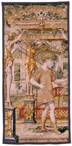 Arazzo fiammingo. Serie Vertumno e Pomona. No II Vertumno trasformato in agricoltore. Modelli Circolo di Pieter Coecke Van Aelst e Léonard Thiry. Atelier sconosciuto, Bruxelles. Oro,