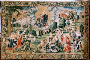 Arazzo fiammingo. Serie la Grandine. Ad te clamamus. Secondo arazzo della serie. Manifattura laboratori di Bruxelles, possibile manifattura di Marc Crétif. Ca 1528. Dimensioni 429 x 646 cm. Tessuto Seta e lana. Cattedrale di Palencia.