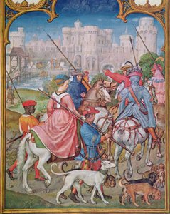 Fol.8v Mese di agosto: Partenza per la caccia, dal Breviarium Grimani, c.1515