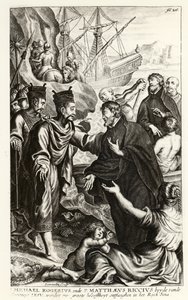 Michael Rogerius (1543-1607) e Matthaeus Riccius (1552-1610) arrivano sulla costa della Cina, illustrazione da una storia della Chiesa di P. Cornelius Hazart, pubblicata ad Anversa, 1668 da Flemish School
