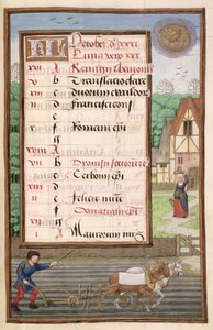 Ms 1058-1975 f10r Aratura con due cavalli, pagina del calendario illuminata per ottobre, da un libro d