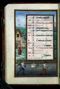 Ms 1058-1975 f.10v Due uomini che seminano grano, pagina del calendario illuminata per ottobre, da un Libro d