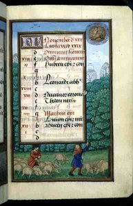 Ms 1058-1975 f.11r Custodia dei maiali e battitura delle querce, pagina del calendario illuminata per novembre, da un Libro d