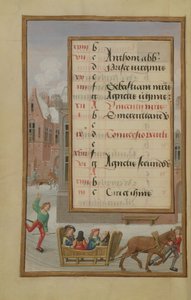 Ms 1058-1975 f1v Scena di strada nella neve, pagina del calendario illuminata per gennaio, da un libro d