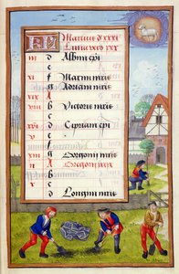Ms 1058-1975 f3r Scavo e piantagione di alberi, pagina del calendario illuminata per marzo, da un libro d
