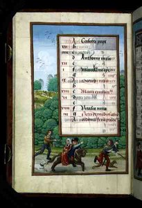 Un maestro e la sua signora cavalcano con la caccia, pagina del calendario illuminata per aprile, da un Libro d