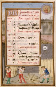 Ms 1058-1975 f8r Trebbiatura del grano nel fienile, pagina del calendario illuminata per agosto, da un libro d